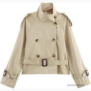 Women's Short Double-Breasted Trench Coat in Light Beige